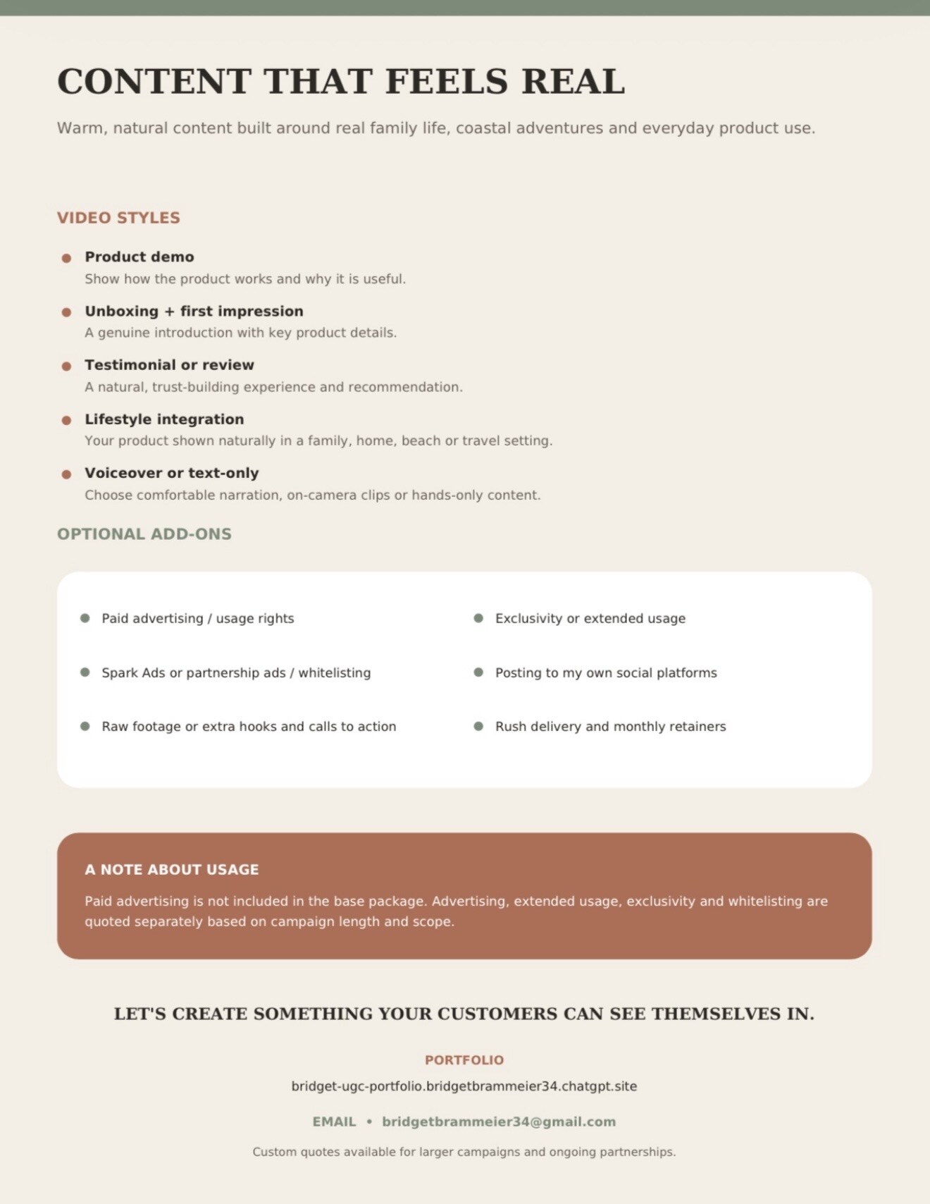 Bridget Brammeier video styles, optional add-ons and usage information